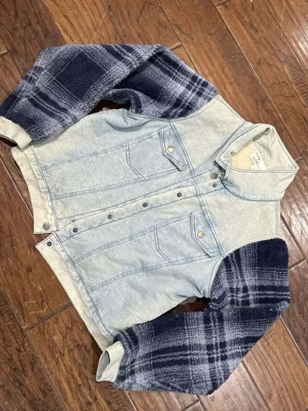 Vintage Havana Mixed Media Denim Jacket with Plaid Sherpa Sleeves - Picture 2 of 5